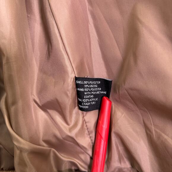 Coffee Shop Coat Womens Medium tan Long Sleeve Button Up Jacket faux fur hooded - Picture 15 of 15